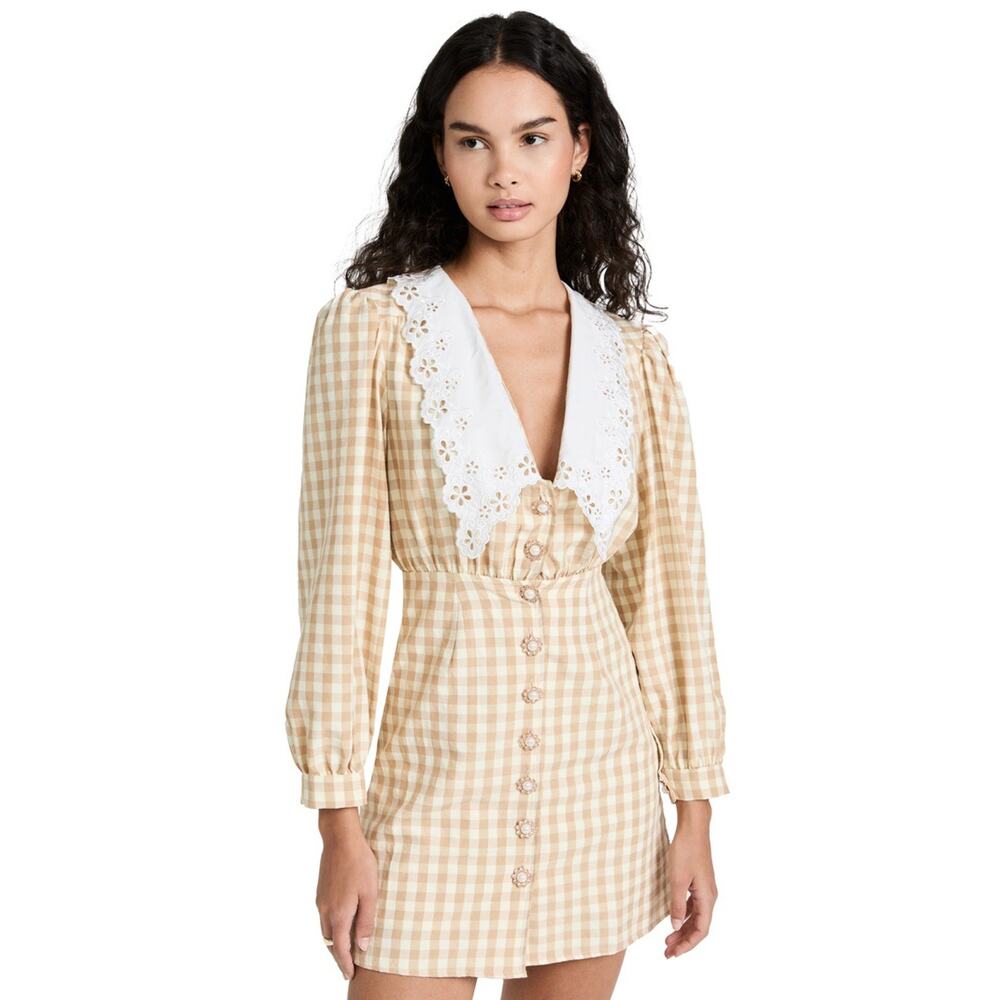 Sister Jane Beige Gingham Mini Dress with White Eyelet Collar